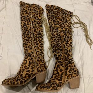 Fancy cheetah beaded thigh high boots